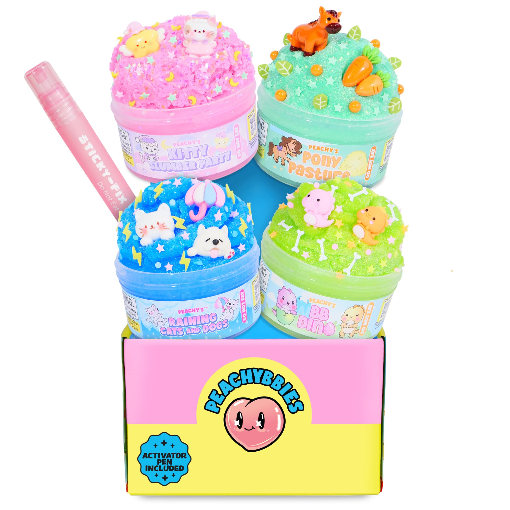 Peachybbies Slime Peachy's Pets 4-Pack Mini-Bundle, BB Dino, Kitty